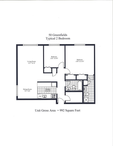 Floor plan for 2 beds, 2 baths, 992 sqft